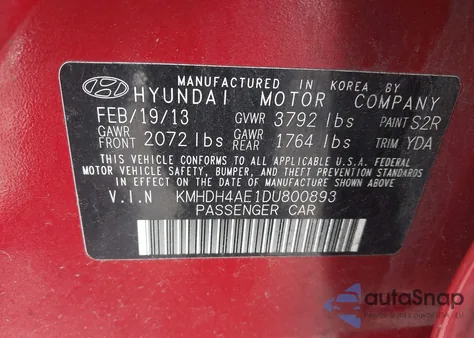 2013 Hyundai Elantra Gls (Ulsan Plant) из США, поврежденный, VIN KMHDH4AE1DU800893